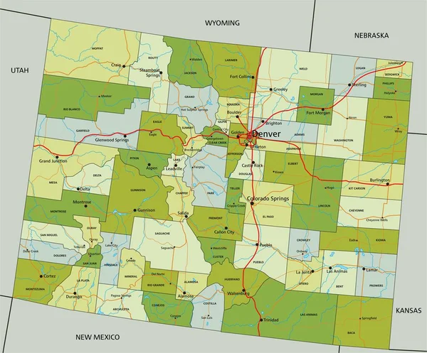 Carte Politique Modifiable Très Détaillée Avec Des Couches Séparées Colorado — Image vectorielle