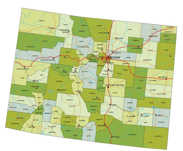 Высоко Детализированная Редактируемая Политическая Карта Разделенными Слоями Колорадо — стоковый вектор
