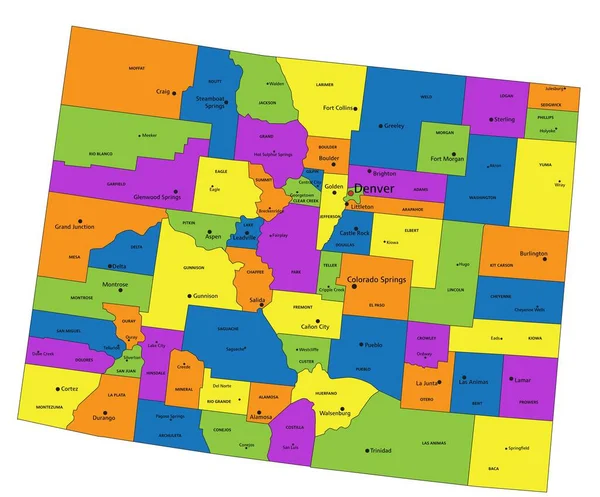 Kleurrijke Colorado Politieke Kaart Met Duidelijk Gelabelde Gescheiden Lagen Vectorillustratie — Stockvector
