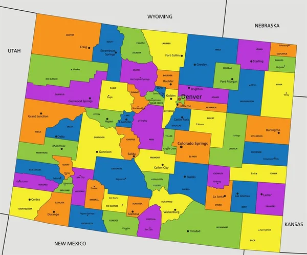 Красочная Политическая Карта Колорадо Четко Обозначенными Разделенными Слоями Векторная Иллюстрация — стоковый вектор