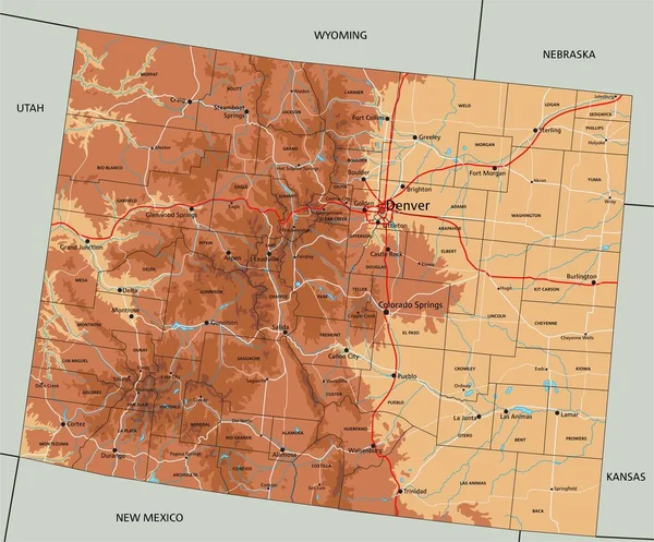 Nagy Részletességű Colorado Fizikai Térkép Címkézéssel — Stock Vector