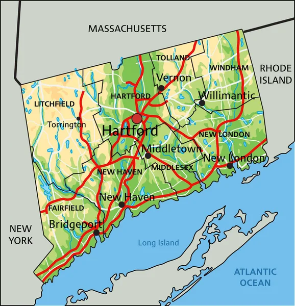 Carte Physique Détaillée Connecticut Avec Étiquetage — Image vectorielle