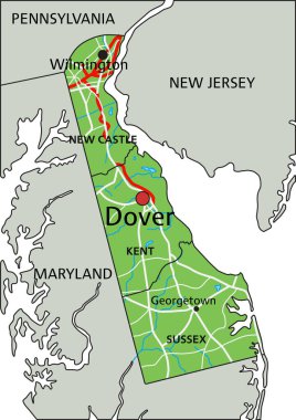 Etiketli yüksek detaylı Delaware fiziksel haritası.