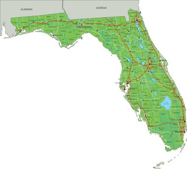 Etiketli yüksek detaylı Florida fiziksel haritası.