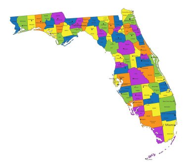 Renkli Florida politik haritası, belirgin bir şekilde etiketlenmiş, ayrılmış katmanlar. Vektör illüstrasyonu.