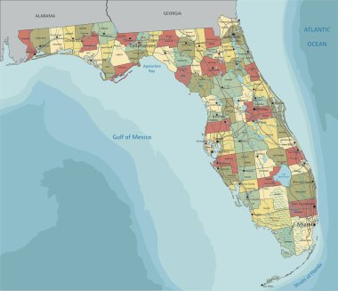 Florida - Etiketli son derece detaylı düzenlenebilir siyasi harita.