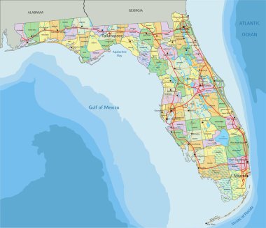 Florida - Etiketli son derece detaylı düzenlenebilir siyasi harita.