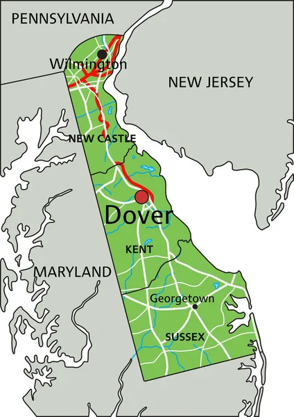 Hög Detaljerad Delaware Fysisk Karta Med Märkning — Stock vektor
