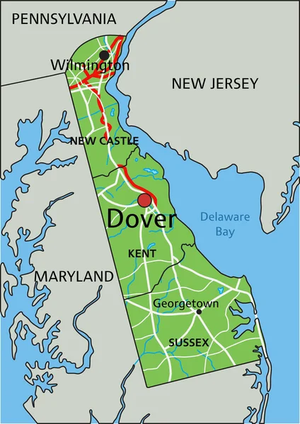 Hög Detaljerad Delaware Fysisk Karta Med Märkning — Stock vektor