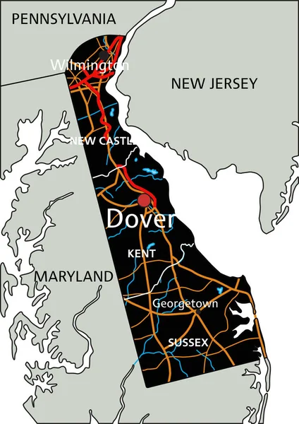 Hög Detaljerad Delaware Färdplan Med Märkning — Stock vektor