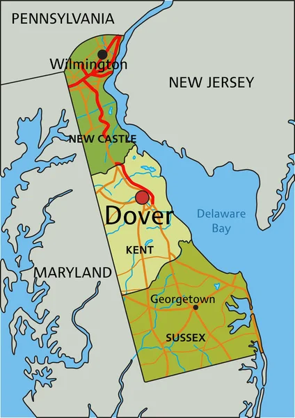 Bardzo Szczegółowa Edytowalna Mapa Polityczna Oddzielnymi Warstwami Delaware — Wektor stockowy