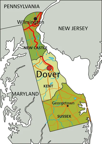 Mycket Detaljerad Redigerbar Politisk Karta Med Separerade Lager Delaware — Stock vektor
