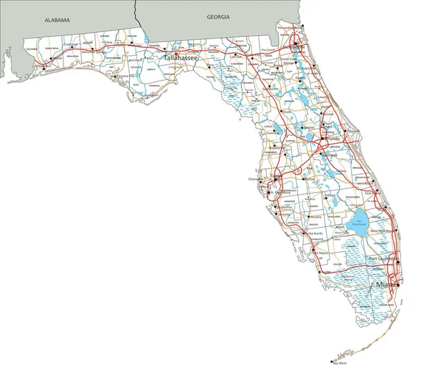 Peta Jalan Florida Yang Sangat Rinci Dengan Pelabelan - Stok Vektor