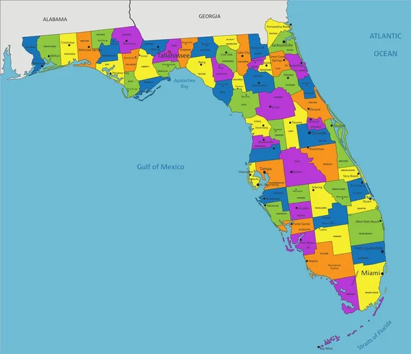 Красочная Политическая Карта Флориды Четко Обозначенными Разделенными Слоями Векторная Иллюстрация — стоковый вектор