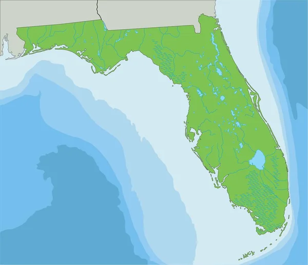 Velmi Podrobná Florida Fyzická Mapa — Stockový vektor