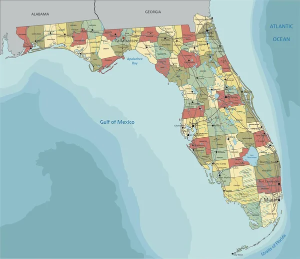 フロリダ州 ラベル付きの非常に詳細な編集可能な政治地図 — ストックベクタ
