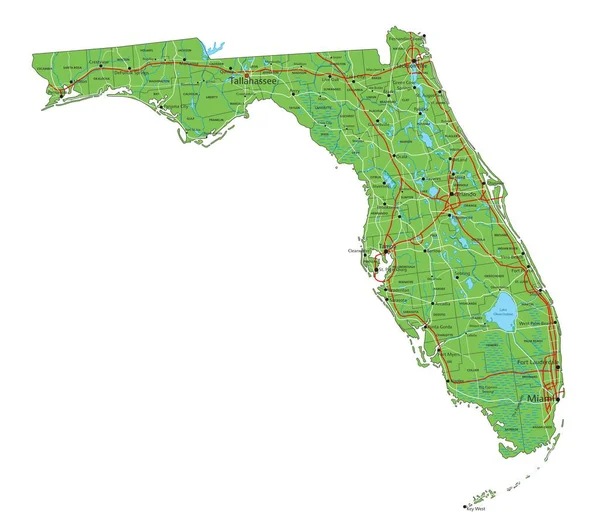 Velmi Podrobná Floridská Fyzická Mapa Označením — Stockový vektor