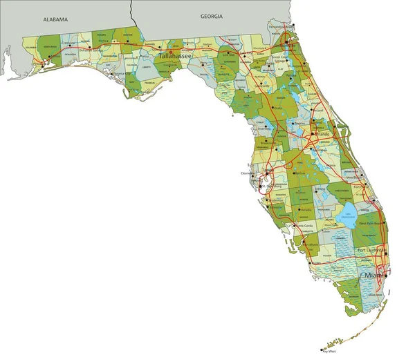 Peta Politik Yang Sangat Rinci Dengan Lapisan Yang Terpisah Florida - Stok Vektor