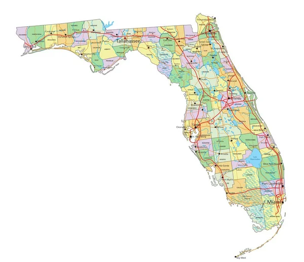 フロリダ州 ラベル付きの非常に詳細な編集可能な政治地図 — ストックベクタ