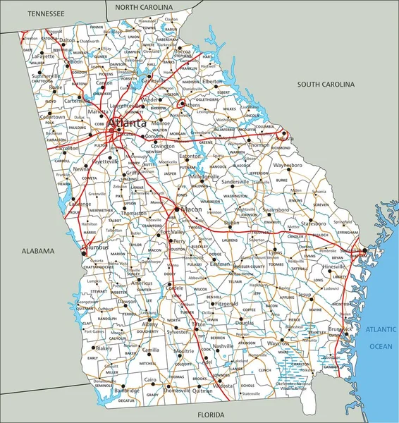 ラベル付きの詳細なジョージア州の道路地図 — ストックベクタ