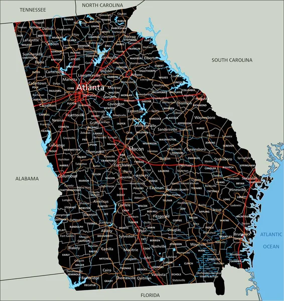 Mapa Estradas Detalhado Geórgia Com Rotulagem — Vetor de Stock