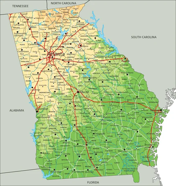ラベル付きの詳細なジョージア州の物理地図 — ストックベクタ