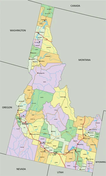 Idaho Mappa Politica Modificabile Altamente Dettagliata Con Etichettatura — Vettoriale Stock