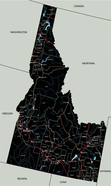 Mapa Estradas Idaho Altamente Detalhado Com Rotulagem — Vetor de Stock