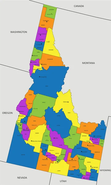 カラフルなアイダホ州の政治地図を明確にラベル付けされ 分離された層 ベクターイラスト — ストックベクタ