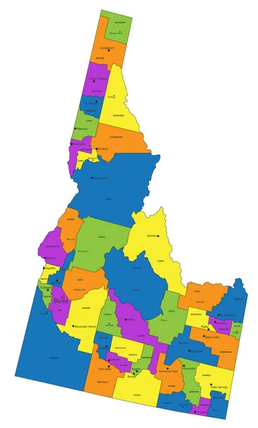 色彩斑斓的爱达荷政治地图 有清晰的标签和分隔的图层 矢量说明 — 图库矢量图片