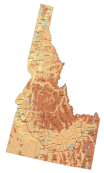 ラベル付きの非常に詳細なアイダホ物理地図 — ストックベクタ