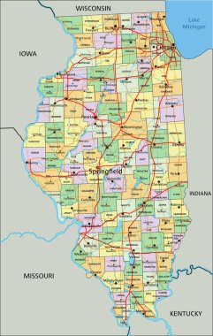 Illinois - Etiketli son derece detaylı düzenlenebilir siyasi harita.