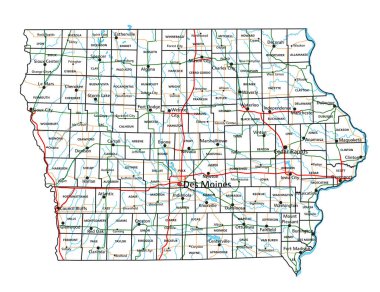 Iowa yolu ve otoyol haritası. Vektör illüstrasyonu.