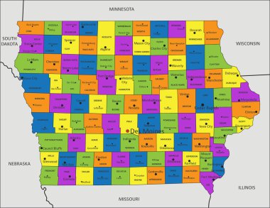 Renkli Iowa siyasi haritası açık bir şekilde etiketlenmiş, ayrı katmanlarla ayrılmış. Vektör illüstrasyonu.