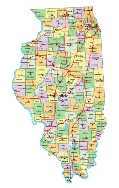 Illinois Bardzo Szczegółowa Edytowalna Mapa Polityczna Etykietowaniem — Wektor stockowy