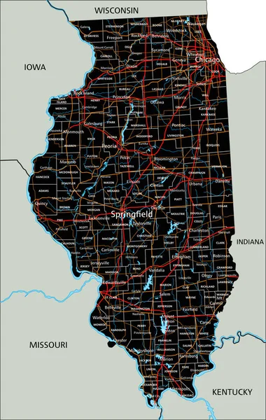ラベル付きの詳細なイリノイ州の道路地図 — ストックベクタ