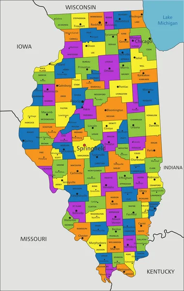 Renkli bir Illinois siyasi haritası açık bir şekilde etiketlenmiş, ayrılmış katmanlarla. Vektör illüstrasyonu.