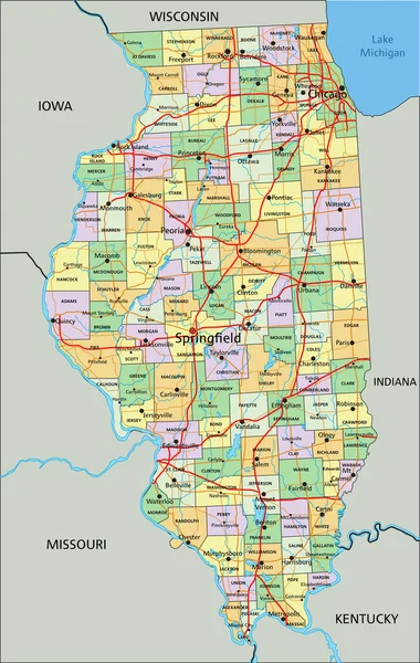 Illinois Mycket Detaljerad Redigerbar Politisk Karta Med Märkning — Stock vektor