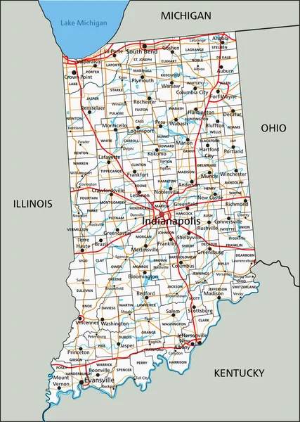 ラベル付きの詳細なインディアナ州のロードマップ — ストックベクタ