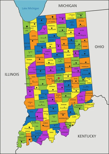 色鮮やかなインディアナ州の政治地図を明確に 独立した層のラベル ベクターイラスト — ストックベクタ
