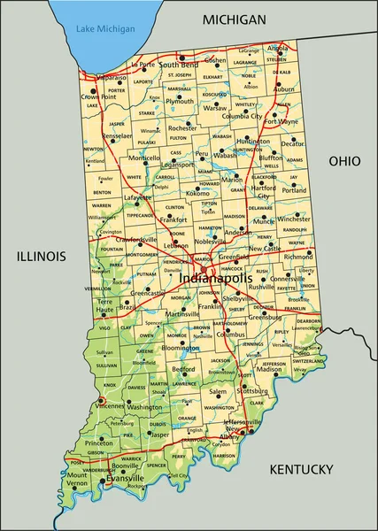 Υψηλή Λεπτομερή Ιντιάνα Φυσικό Χάρτη Σήμανση — Διανυσματικό Αρχείο