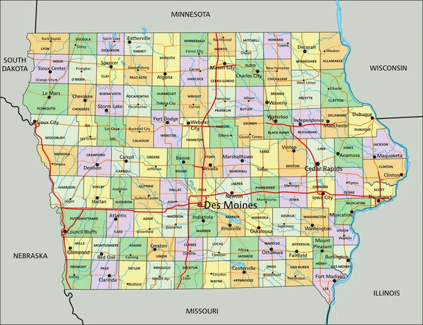 爱荷华州 高度详细的可编辑政治地图 附有标签 — 图库矢量图片