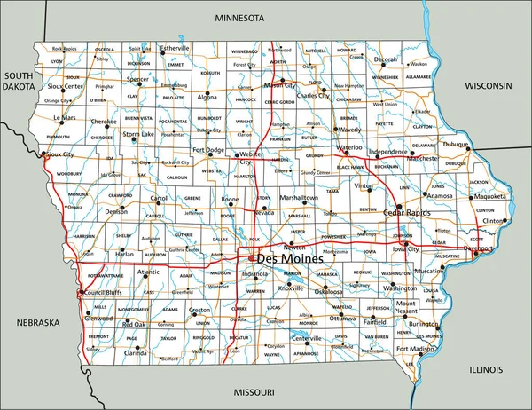 Hoch Detaillierte Iowa Road Map Mit Beschriftung — Stockvektor