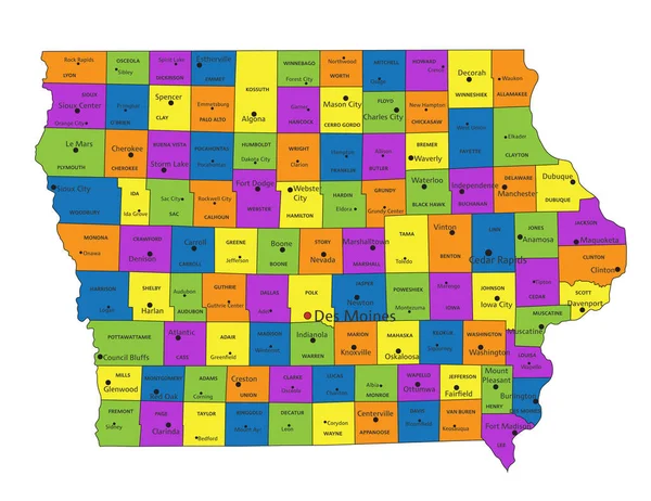 Renkli Iowa Siyasi Haritası Açık Bir Şekilde Etiketlenmiş Ayrı Katmanlarla — Stok Vektör