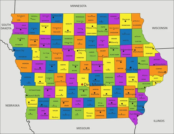 Renkli Iowa Siyasi Haritası Açık Bir Şekilde Etiketlenmiş Ayrı Katmanlarla — Stok Vektör