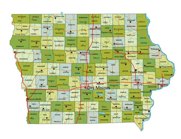Высоко Детализированная Редактируемая Политическая Карта Разделенными Слоями Айова — стоковый вектор