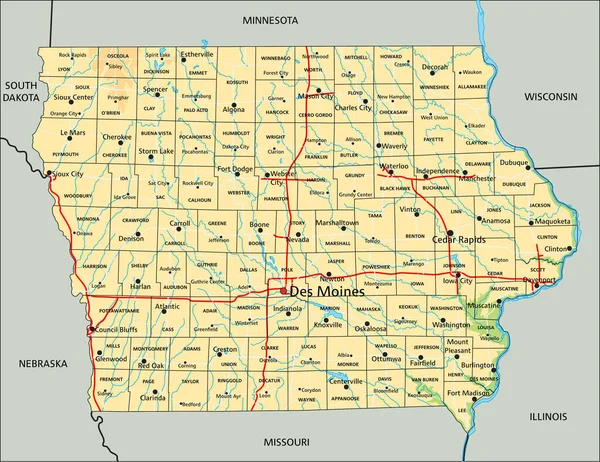 Hoch Detaillierte Physikalische Karte Iowa Mit Beschriftung — Stockvektor