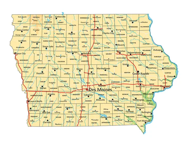 Mapa Físico Iowa Detalhado Alto Com Rotulagem — Vetor de Stock