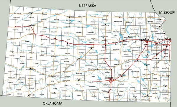 Высокая Детальная Карта Канзаса Маркировкой — стоковый вектор