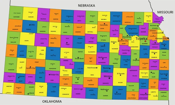 Barevná Kansaská Politická Mapa Jasně Označenými Oddělenými Vrstvami Vektorová Ilustrace — Stockový vektor